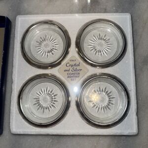 VintageItalianLEONARDCrystal Glass Silver PlatedAshtrayCoaster SET of 4sealed995
